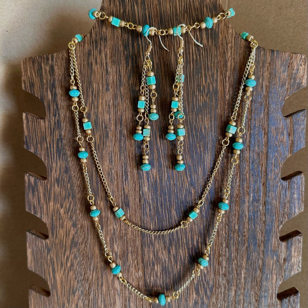 NEW HANDMADE - Turquoise and Gold Necklace Set